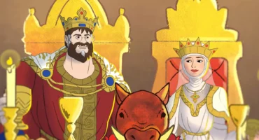 2D animation close-up of Richard the Lionheart and Berengaria of Navarre toasting their wedding feast in medieval Cyprus