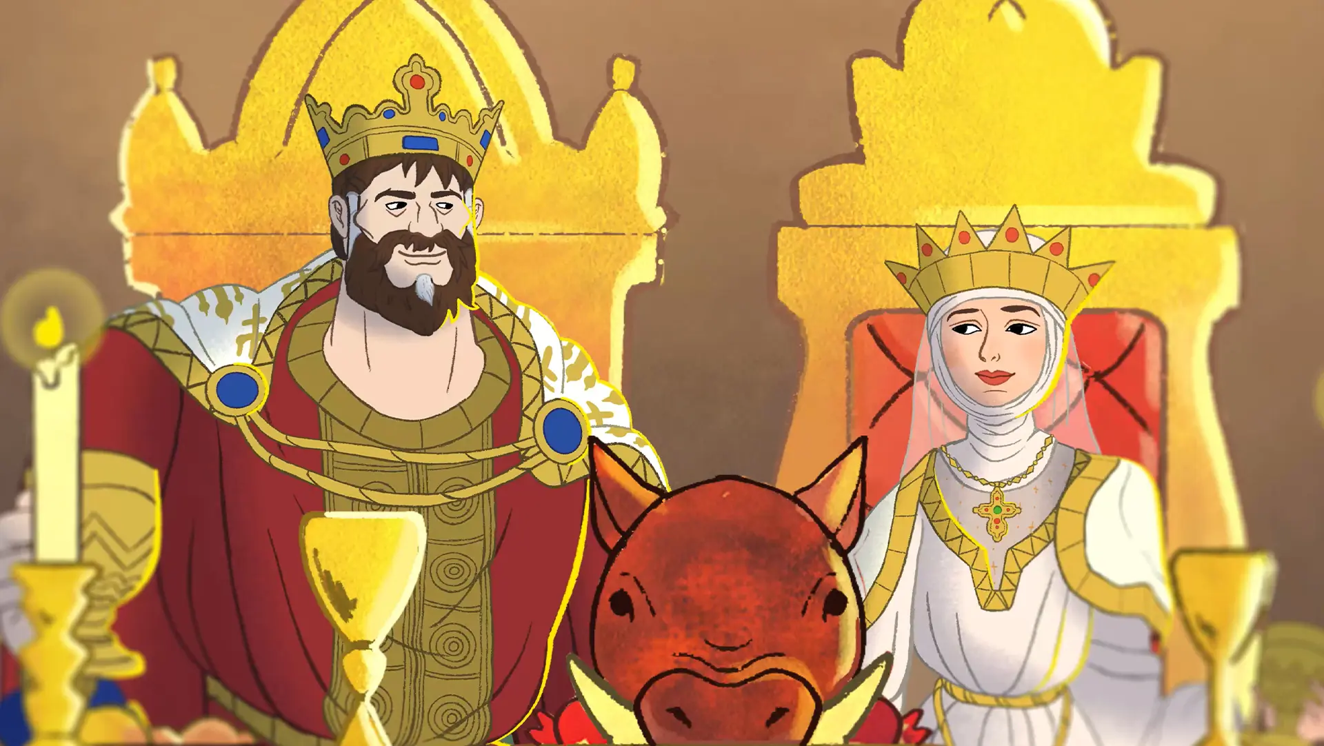 2D animation close-up of Richard the Lionheart and Berengaria of Navarre toasting their wedding feast in medieval Cyprus
