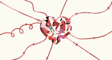 Illustration of volunteers forming a heart shape in a Cyprus blood donation awareness campaign animation.