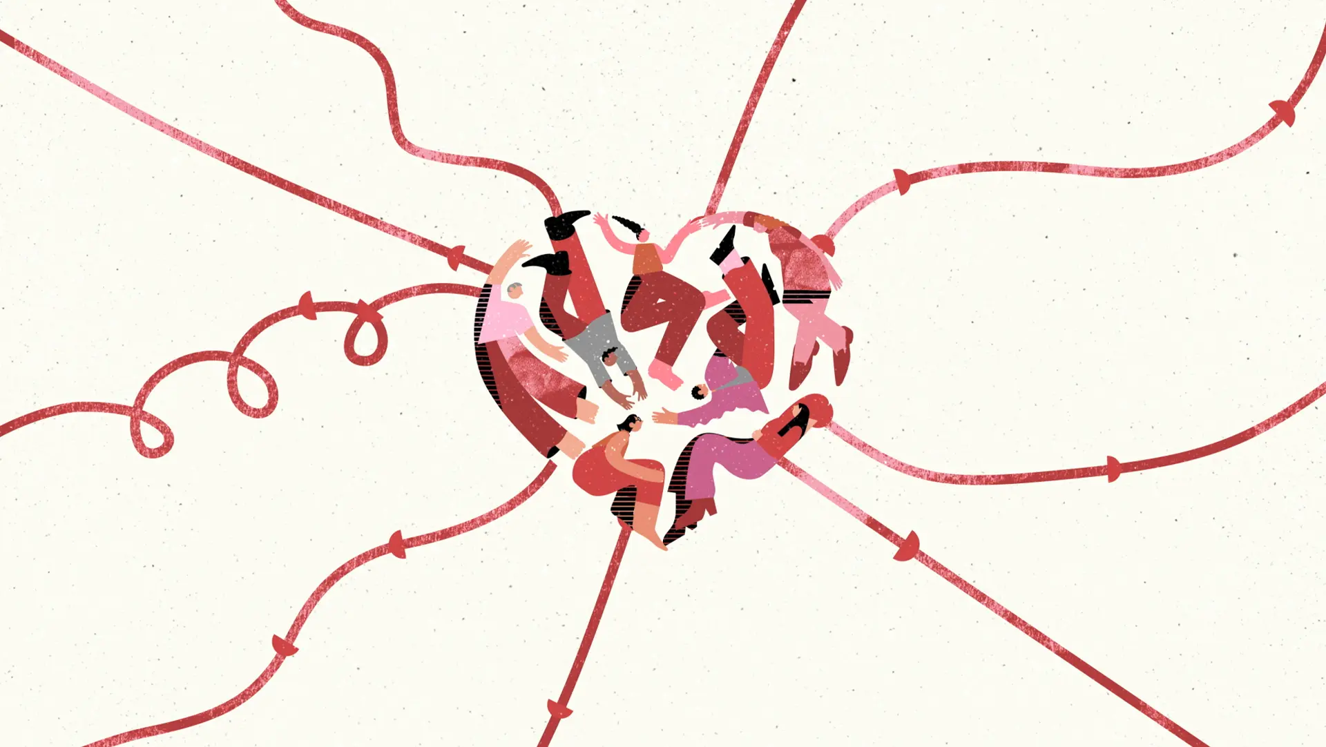 Illustration of volunteers forming a heart shape in a Cyprus blood donation awareness campaign animation.