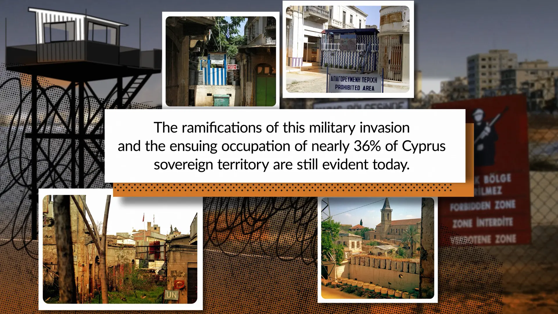 Archival imagery depicting the Turkish invasion of Cyprus in July 1974 within the animated historical timeline.