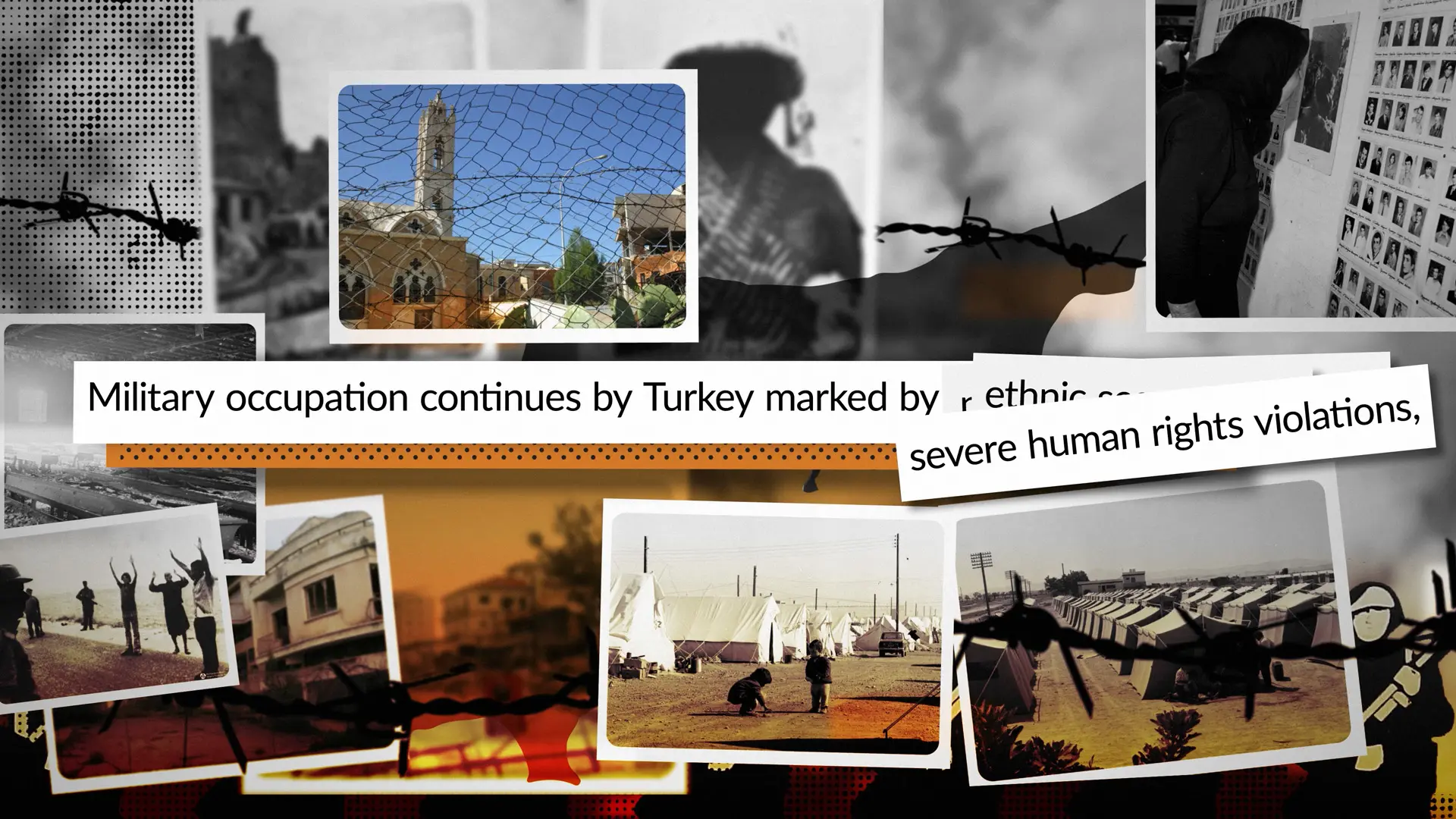 Archival images showing displacement, refugee camps and human consequences of the 1974 Turkish invasion in the animated timeline film The Cyprus Question.