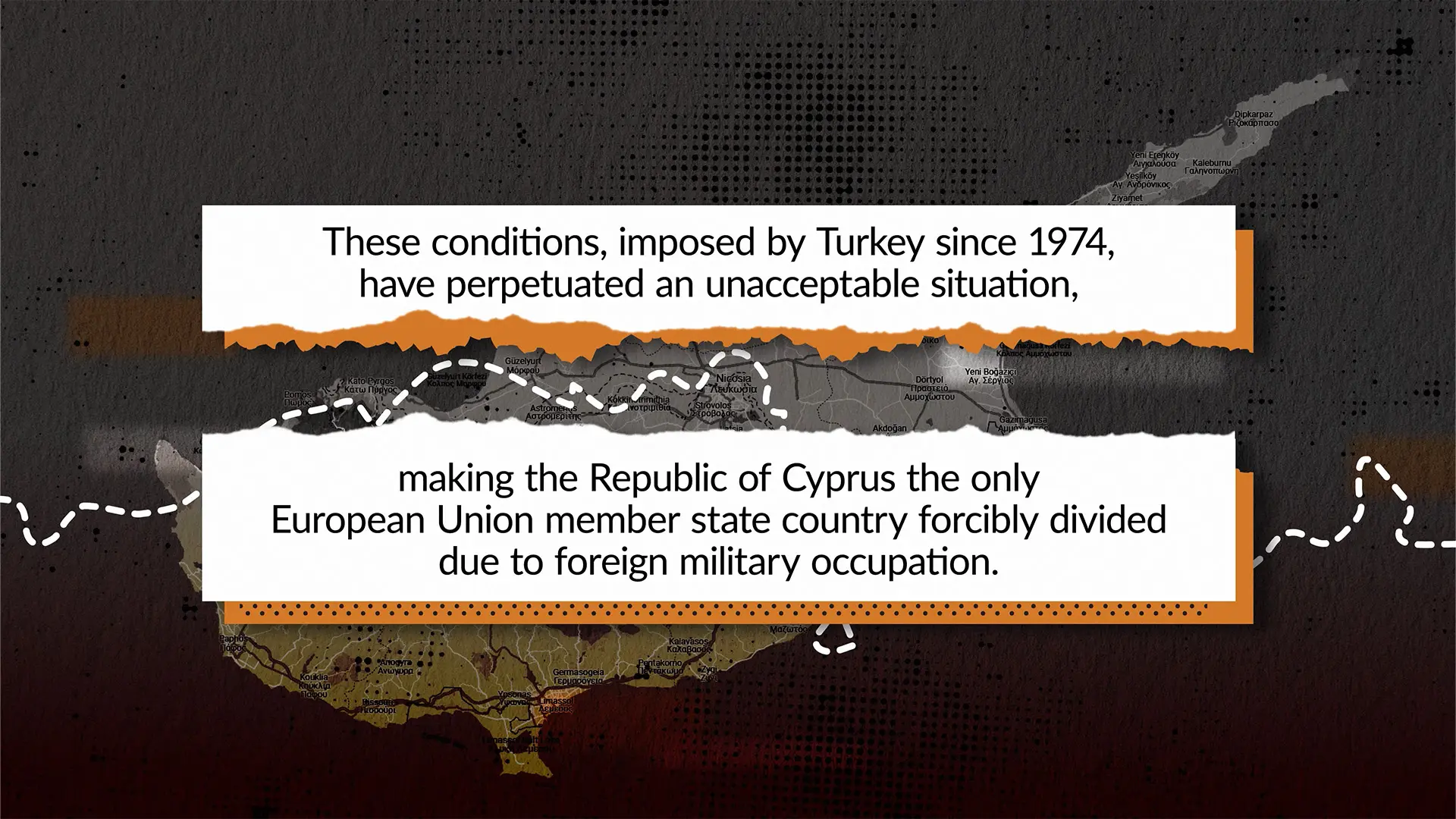 Animated sequence highlighting the ongoing occupation of northern Cyprus and its geopolitical implications within the film The Cyprus Question.