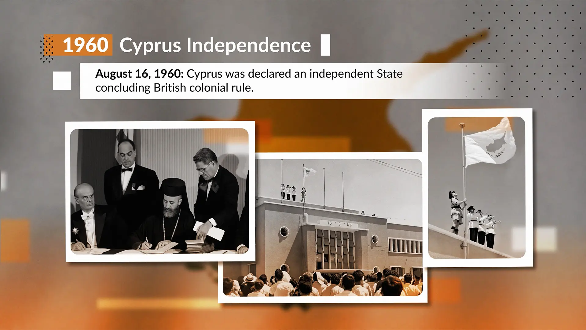 Historical photographs illustrating the independence of Cyprus in 1960 integrated into the animated historical timeline film The Cyprus Question.