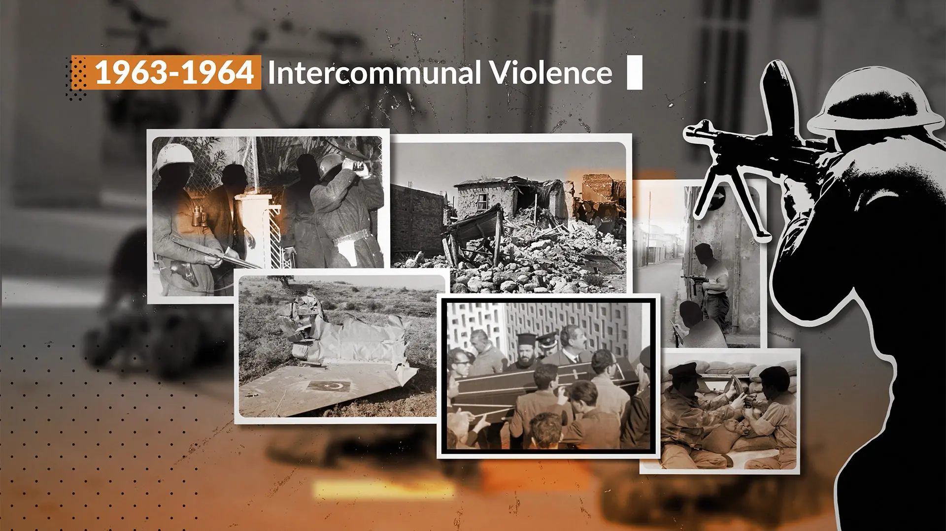 Archival photographs depicting intercommunal violence in Cyprus during 1963–1964 within the animated historical timeline film The Cyprus Question.