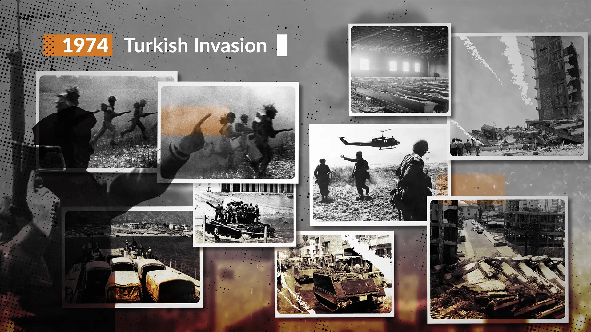 Archival photographs of the 1974 Turkish invasion of Cyprus integrated into the animated historical timeline film The Cyprus Question.