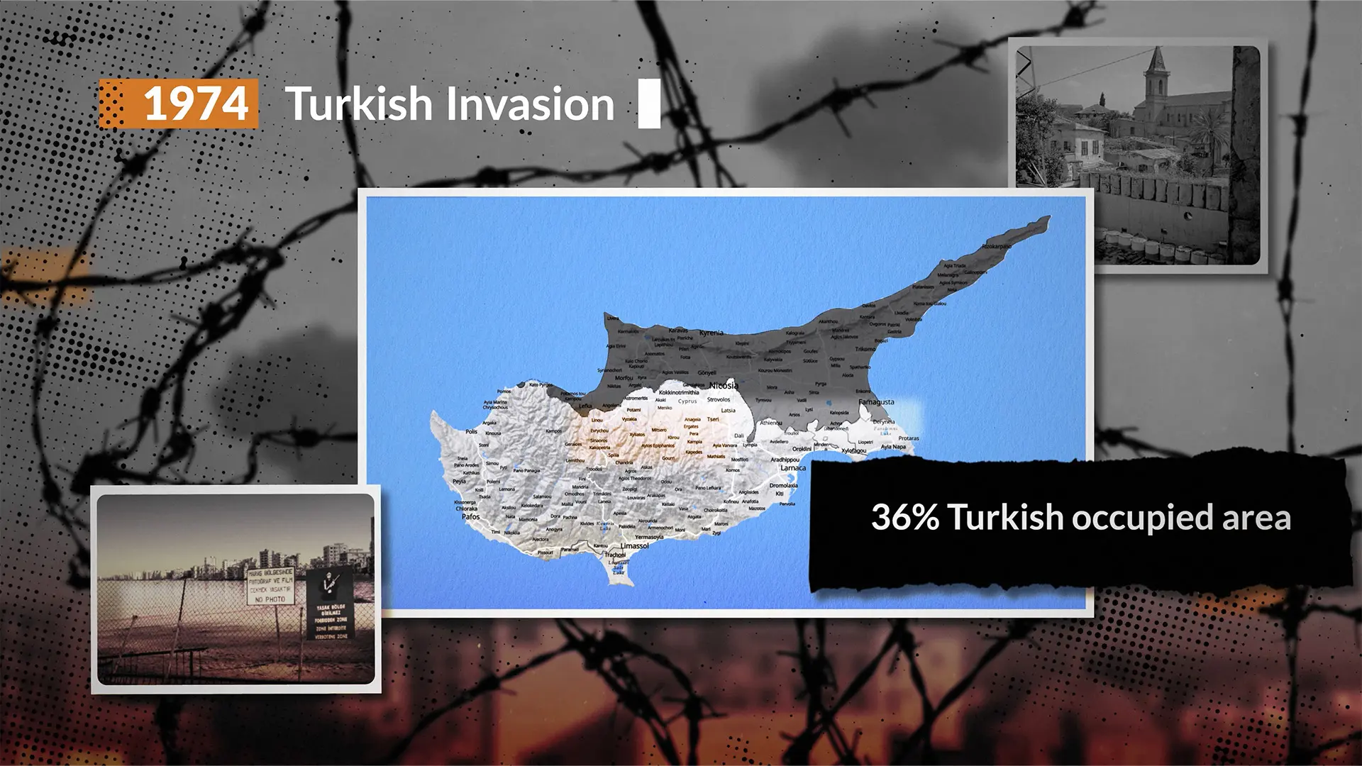 Animated map showing the division of Cyprus and the 36 percent Turkish-occupied territory following the 1974 invasion in the film The Cyprus Question.