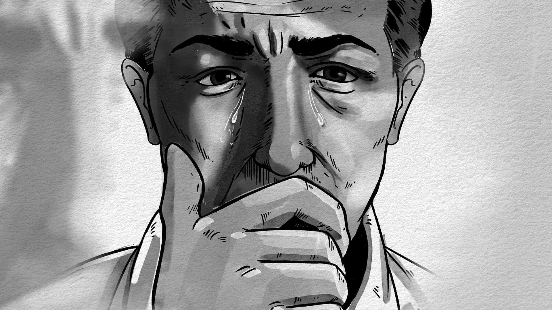 Black and white ink wash illustration of a man crying while reflecting on a difficult decision in the documentary Memories of a Sweet Homeland