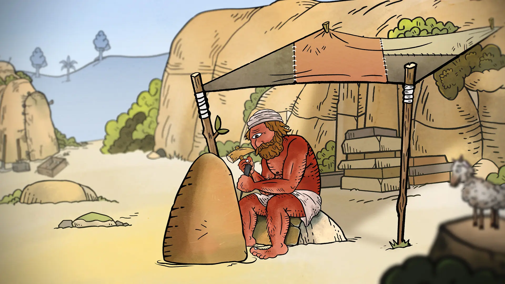 Cyclops carving stone beside a tent in an animated scene from Myths and Tales of Cyprus