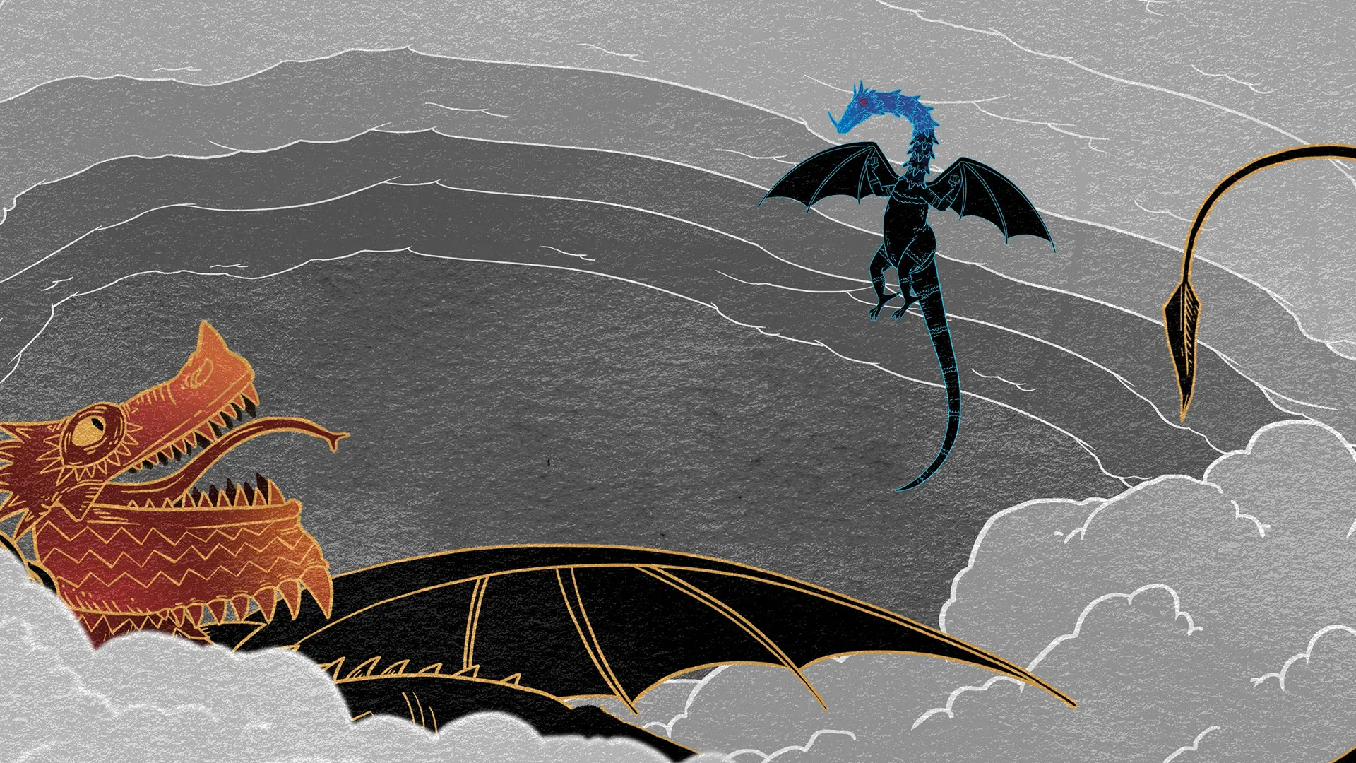 Illustrated dragons emerging from battle smoke clouds in the animated series Myths and Tales of Cyprus