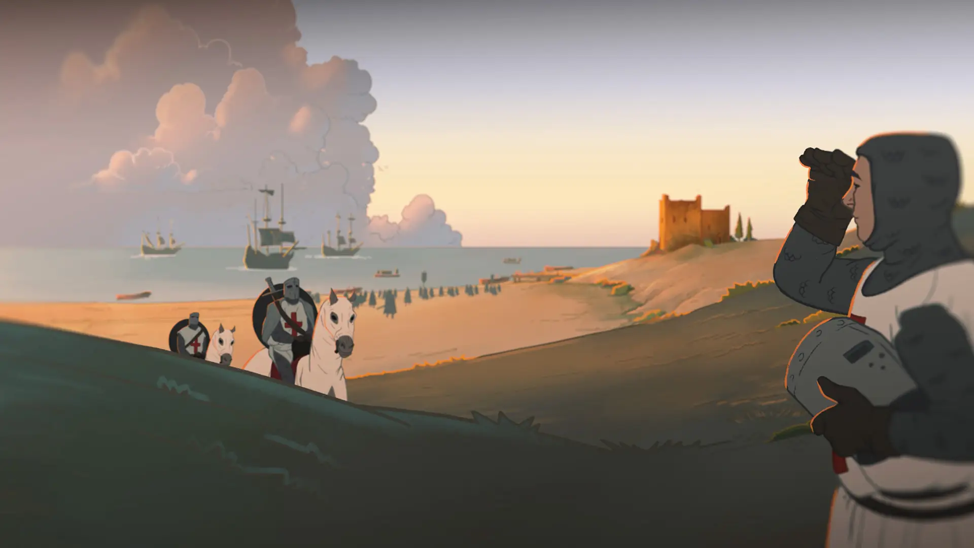 Still image of Templar Knights disembarking in Cyprus