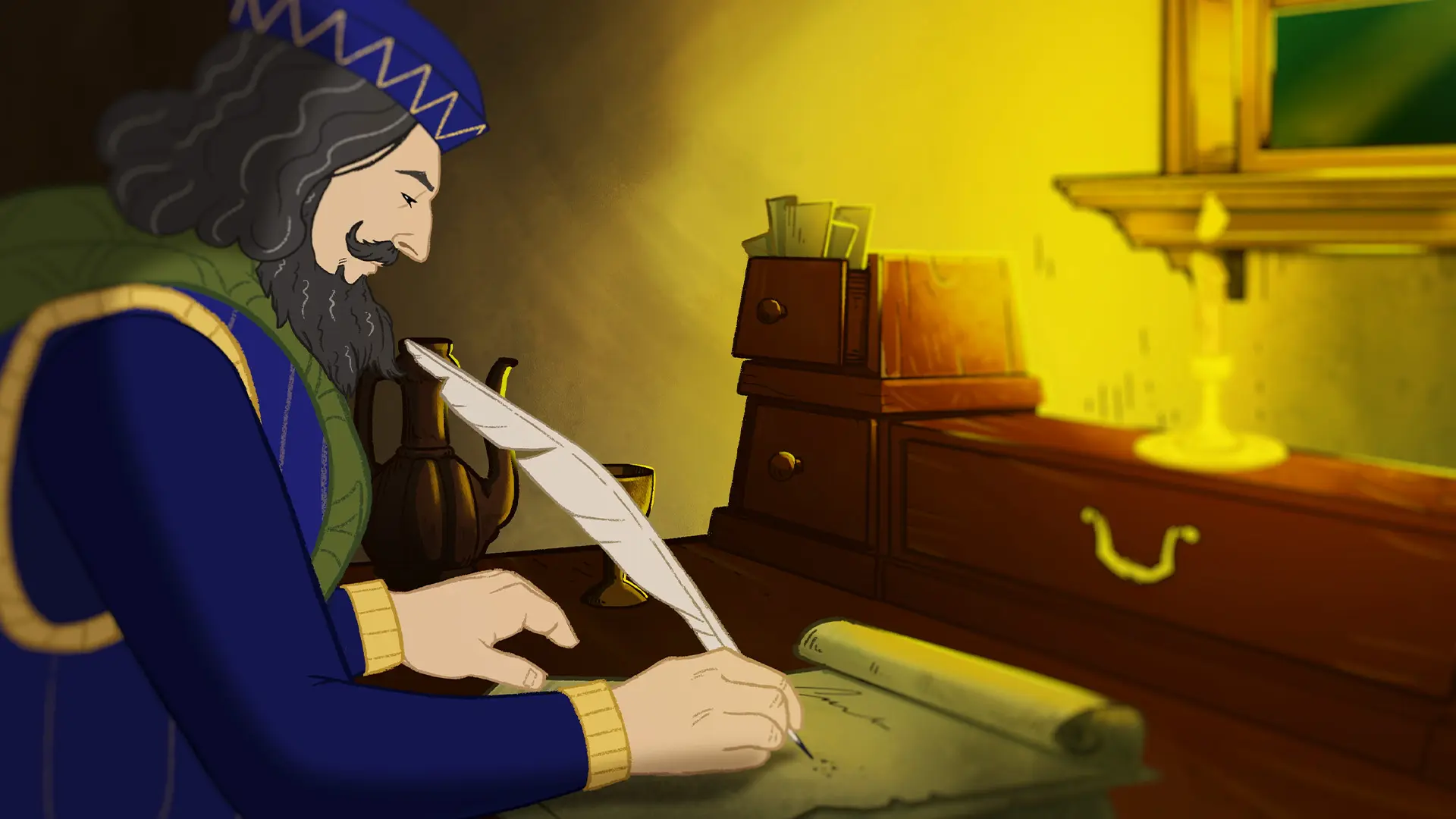 French Poet Henry d'Andeli writing the poem 'the Battle of the wines'