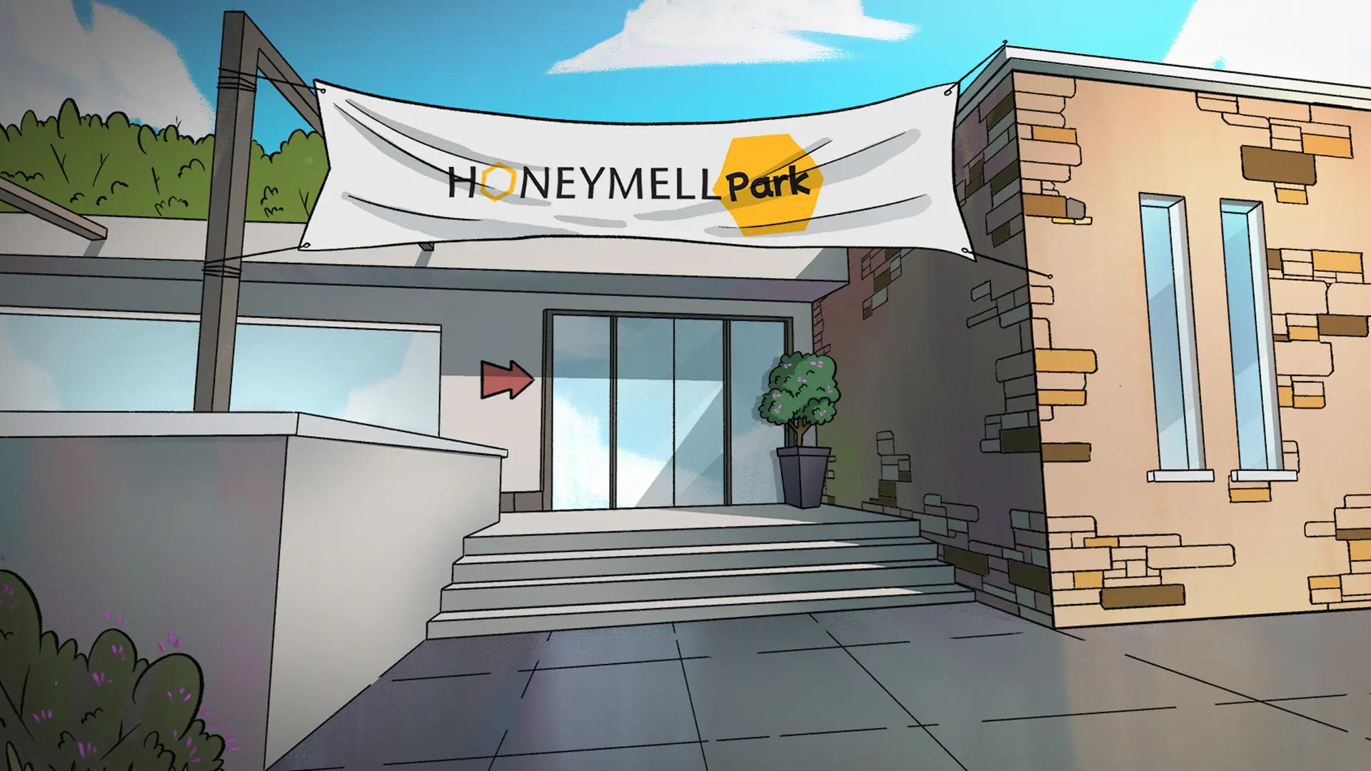 Animated Honeymell Theme Park entrance environment created for Zak the Bee Tour Guide exhibition film