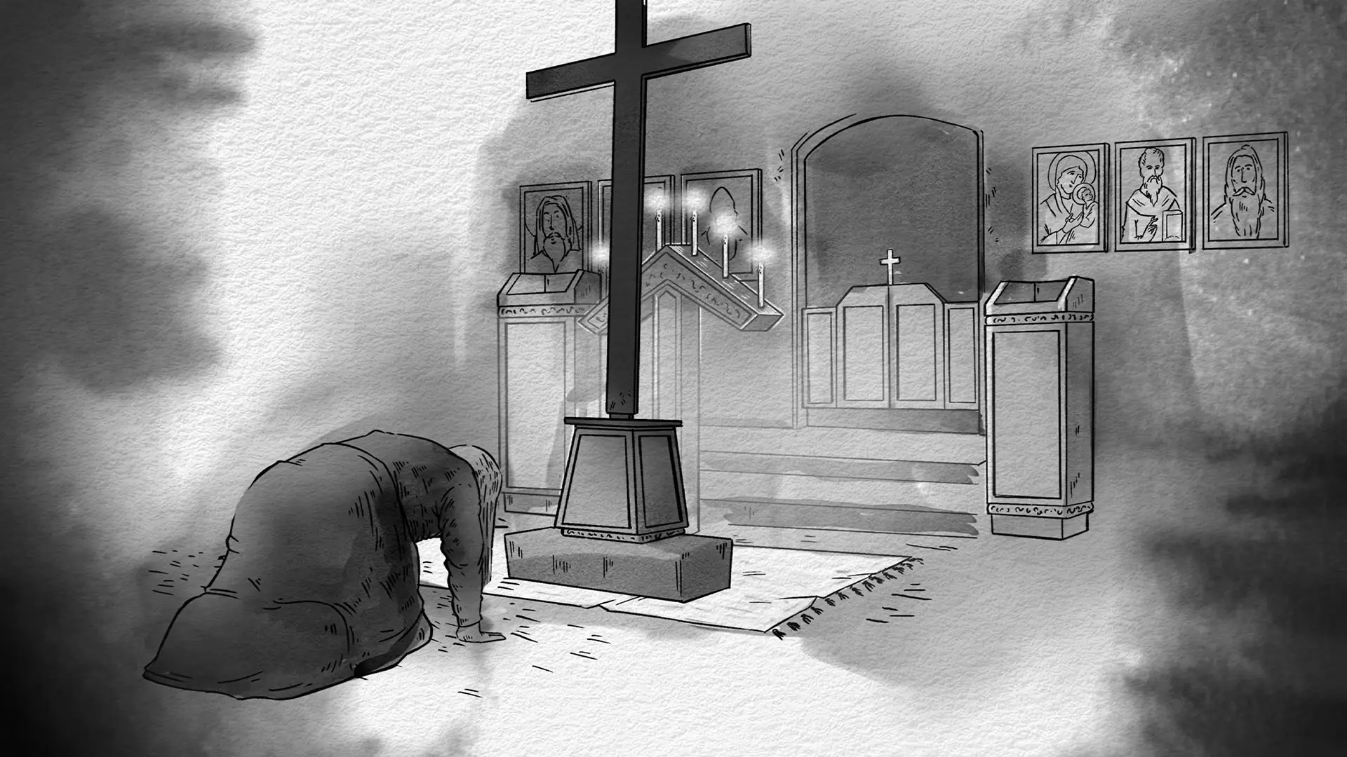 Black and white ink wash illustration of a refugee woman kneeling in prayer inside a church in the animated sequences of the documentary Memories of a Sweet Homeland