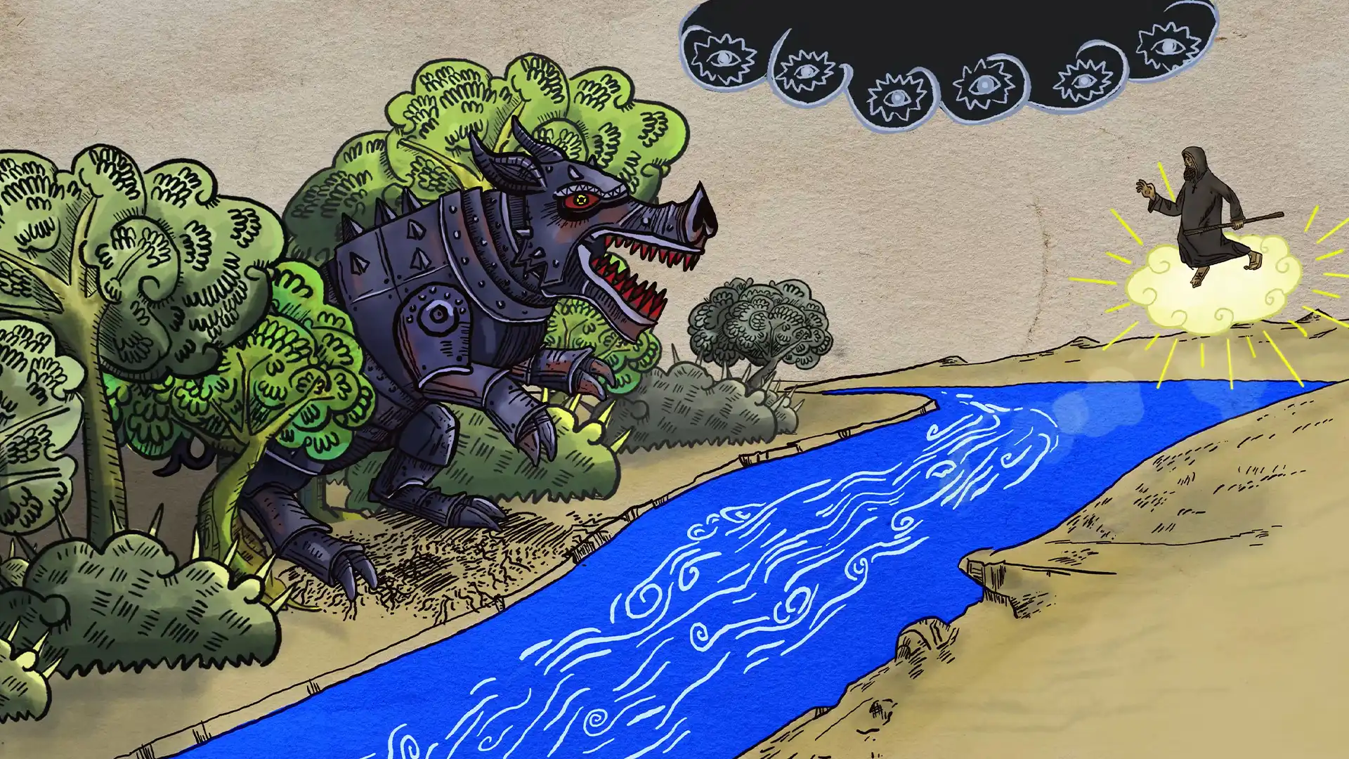 Sierolotta iron pig creature chasing a monk across a river in the animated series Myths and Tales of Cyprus