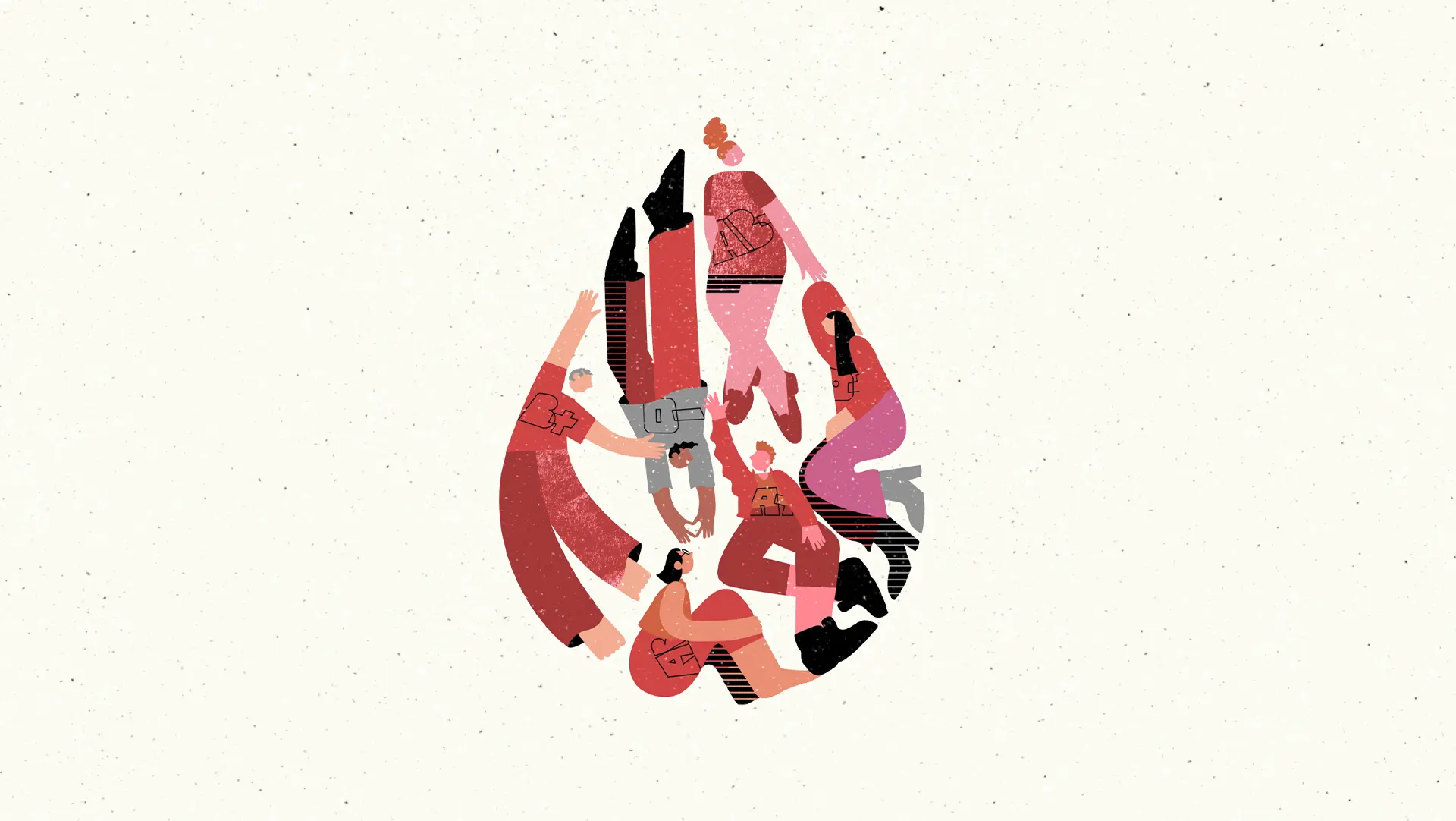 Illustration of people forming a blood drop symbol in a blood donation awareness animation for the Cyprus Blood Centre campaign.