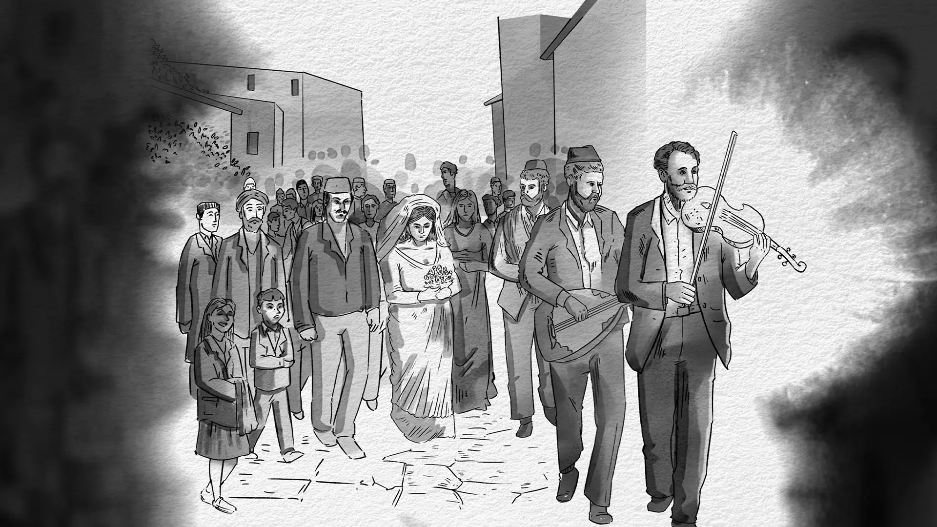 Black and White ink wash style illustration of a wedding party celebration walking through a village with musicians playing violin and lute in the documentary Memories of a Sweet Homeland