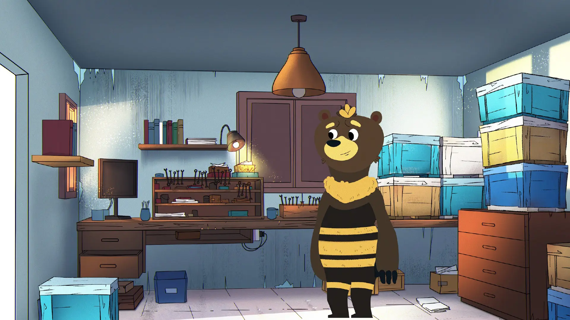 Zak in his toolshed workshop environment from the animated exhibition film Zak the Bee Tour Guide