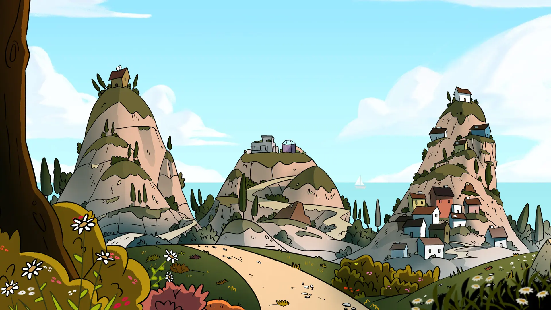 Establishing shot of the animated landscape world in Zak the Bee Tour Guide