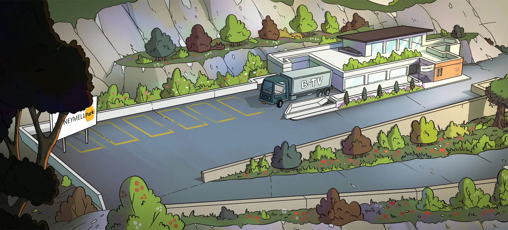 Animated aerial environment of Honeymell Theme Park created for the exhibition film Zak the Bee Tour Guide