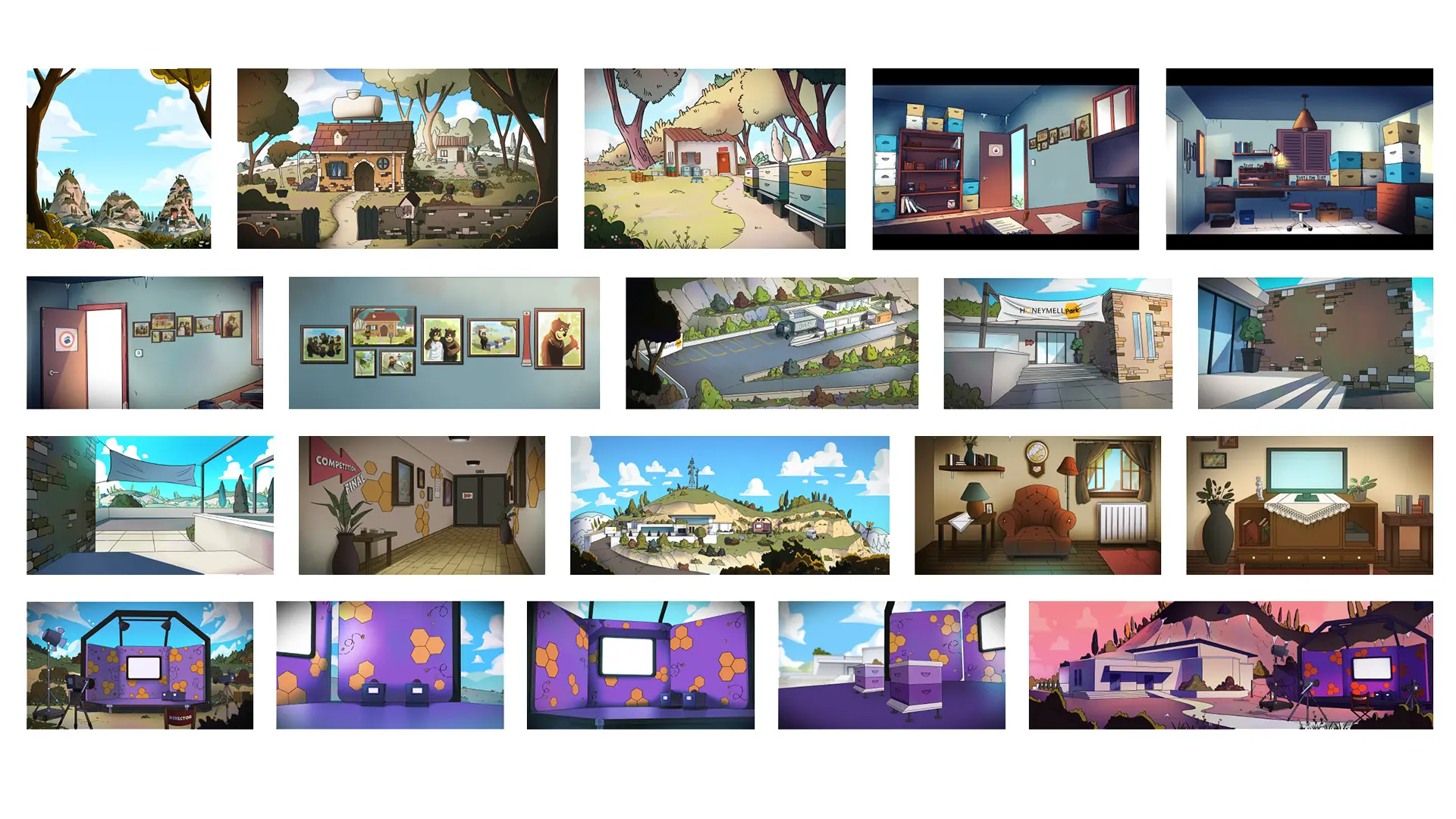 Animated background and environment design collection from Zak the Bee Tour Guide exhibition film