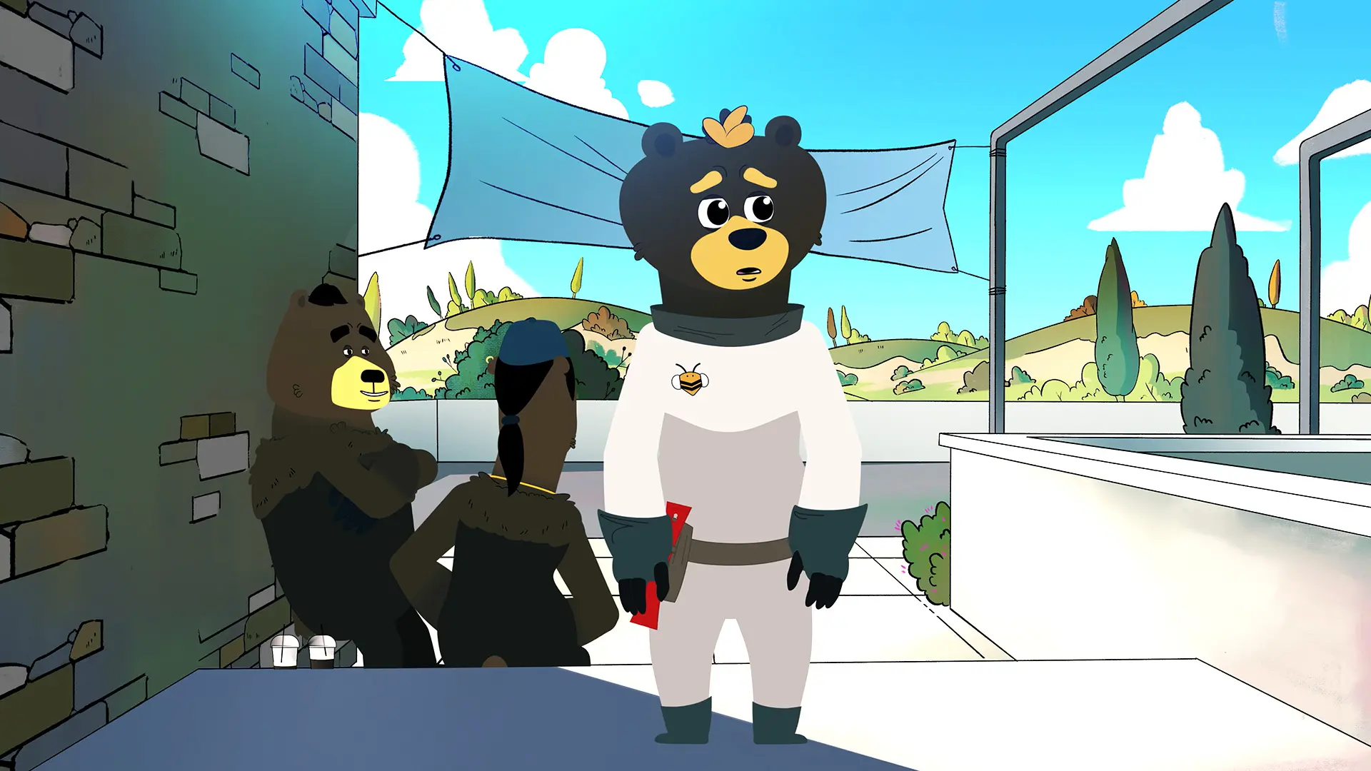 Zak the bearbee entering Honeymell Theme Park in Zak the Bee Tour Guide 2D animated exhibition film