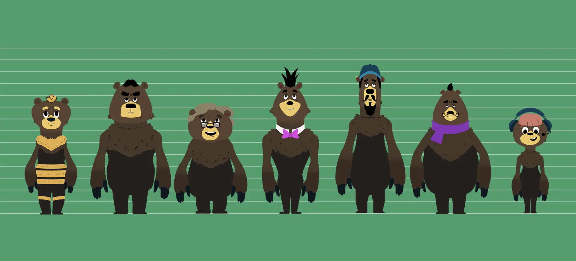 Animated character lineup from Zak the Bee Tour Guide exhibition film for Honeymell Theme Park